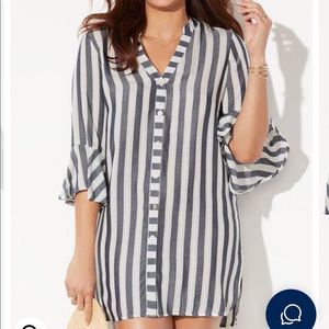 Swimsuits for All - Button Up Cover Up Shirt - Size 14/16 - Chambray & White